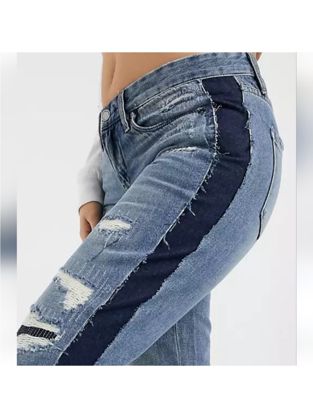 Blank NYC Crop Girlfriend Jeans with Side Panels and Patchwork Distressing